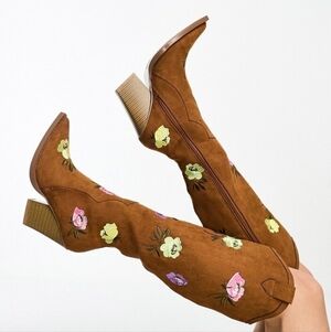 ASOS Brown Floral Embroidered Heeled Boots- Size 7